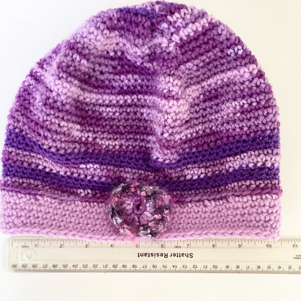 Hat Hand Crafted Purple BeanieStriped Varigated Floral Crochet - Picture 10 of 16